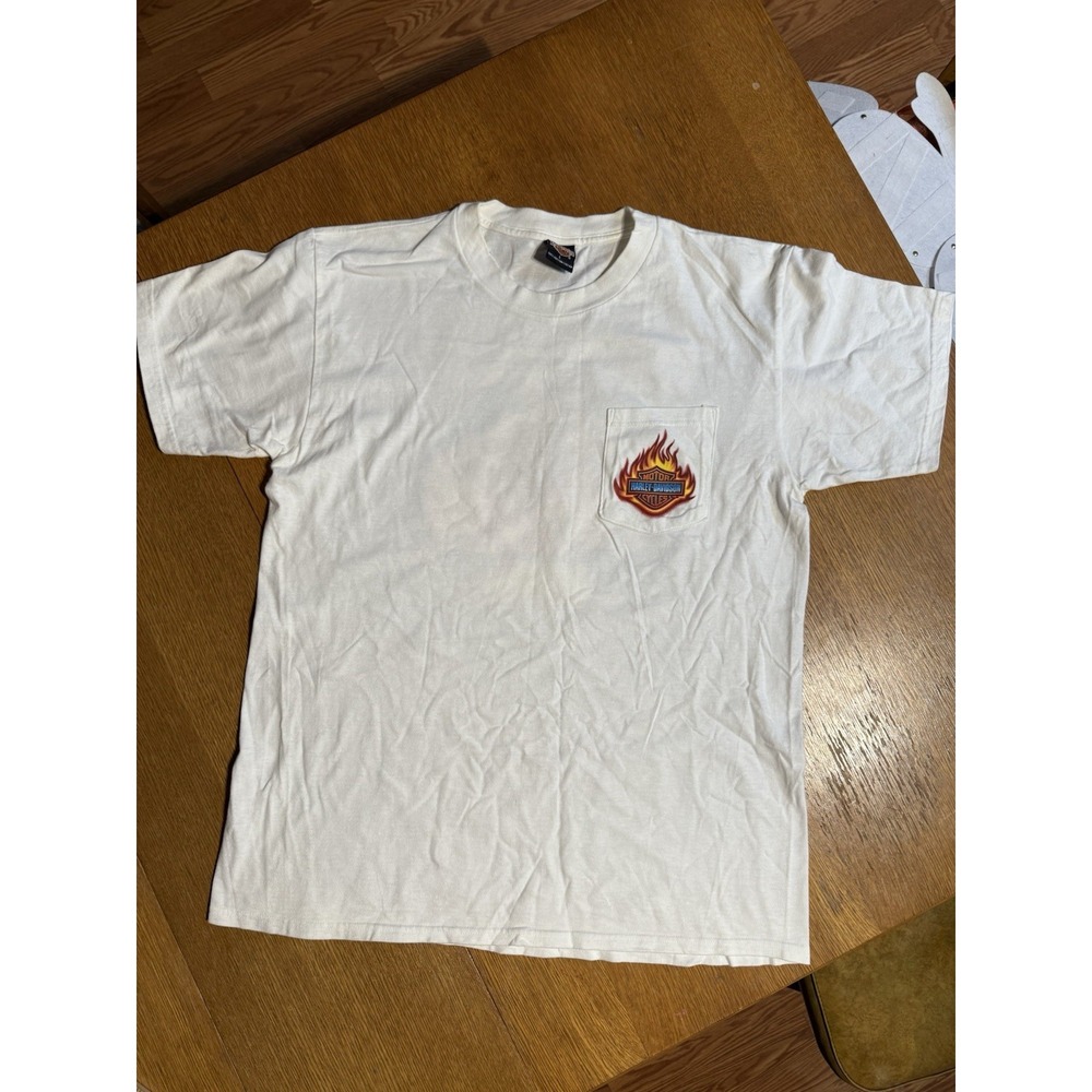 Harley Davidson T Shirt L Orlando Florida Palm Tree Sunset Y2K Pocket Flame Logo